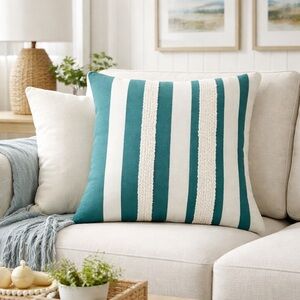 Rizzy Home Oversized Teal Striped Throw Pillow Cover Cotton Coastal Accent 20x20